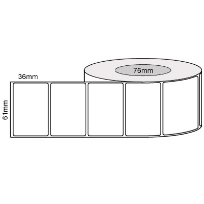 61mm x 36mm - White Thermal Transfer Labels, Permanent Adhesive, 76mm core, (2500/roll)