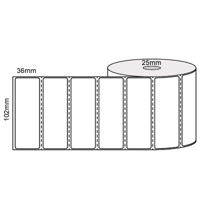 102mm x 36mm - White Thermal Transfer Perforated Labels, Permanent Adhesive, 25mm core, (1000/roll)