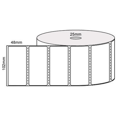 102mm x 48mm - White Thermal Transfer Perforated Labels, Permanent Adhesive, 25mm core, (1000/roll)