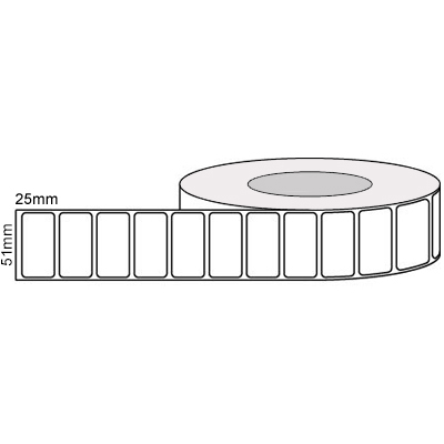 51mm x 25mm - White High Gloss Labels, Permanent Adhesive, 76mm core, (2500/roll)