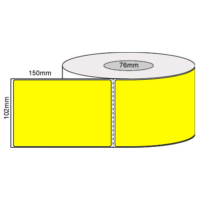102mm x 150mm - Yellow Direct Thermal Perforated Labels, Permanent Adhesive, 76mm Core, (1000/roll)