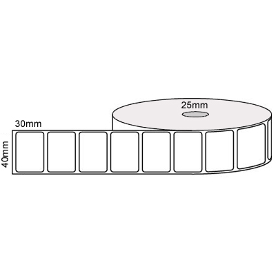 40mm x 30mm - White Gloss Thermal Transfer Labels, Permanent Adhesive, 25mm core, (2500/roll)
