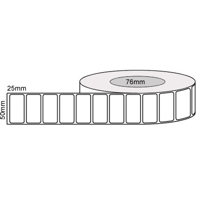 50mm x 25mm - White Gloss Labels, Permanent Adhesive, 76mm core, (5000/roll)